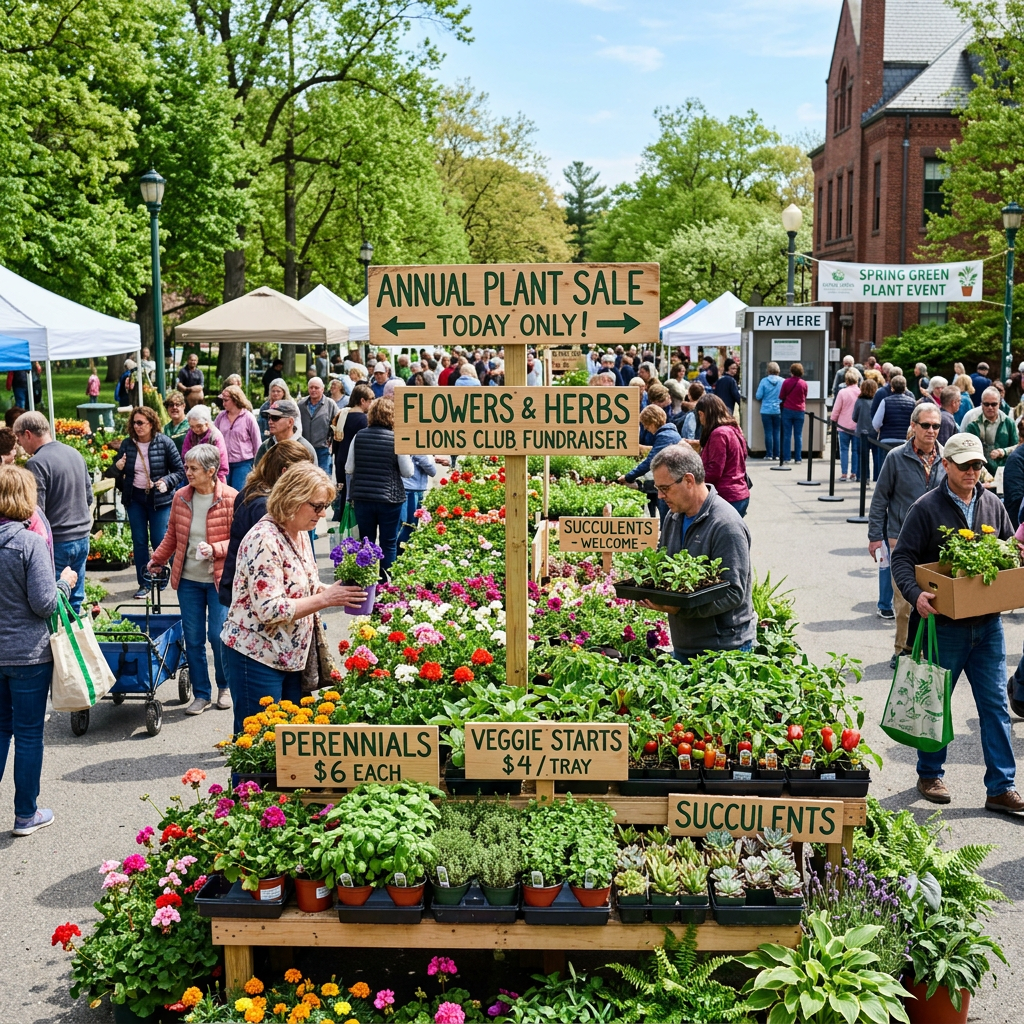 Outdoor plant sale with flowers, herbs, and succulents and many people shopping